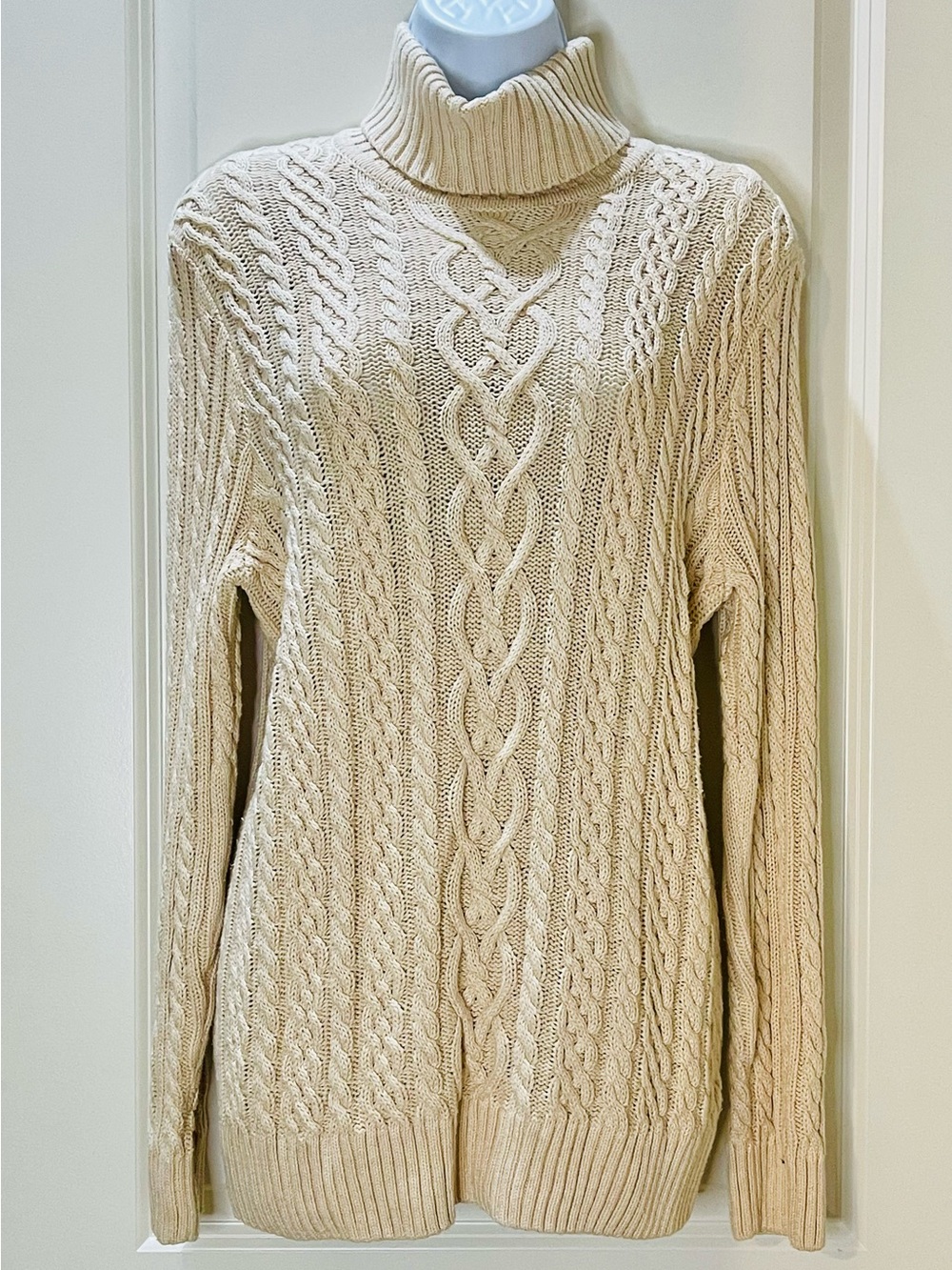 JEANNE PIERRE 100% Cotton Cream Cable-Knit Turtleneck Sweater Size L